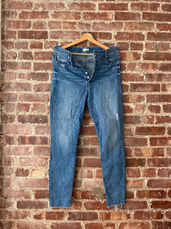 MOTHER Denim - MOTHER Medium Wash Skinny Jeans Button Fly Distressed Raw Hem Ankle Crop